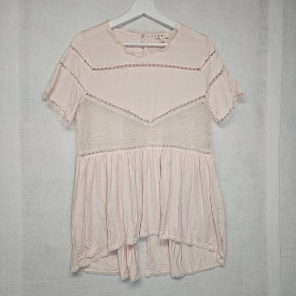 POL Boho Light Pink Short Sleeve Blouse with Lace Inset - Picture 1 of 9